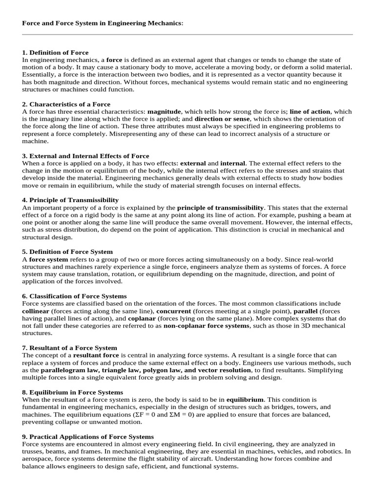 Force and Force Systems in Engineering Mechanics | PDF | Force | Stress ...