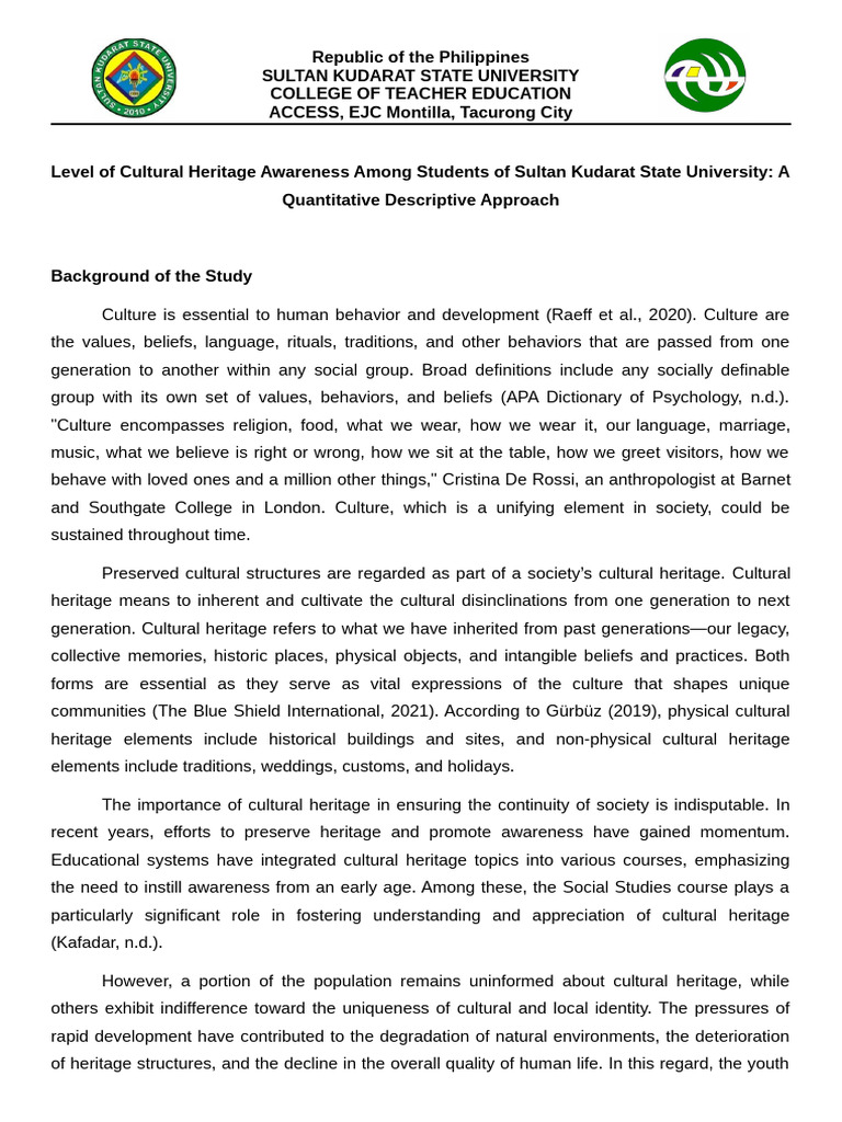 Level of Cultural Heritage Awareness Among Students of Sultan Kudarat ...