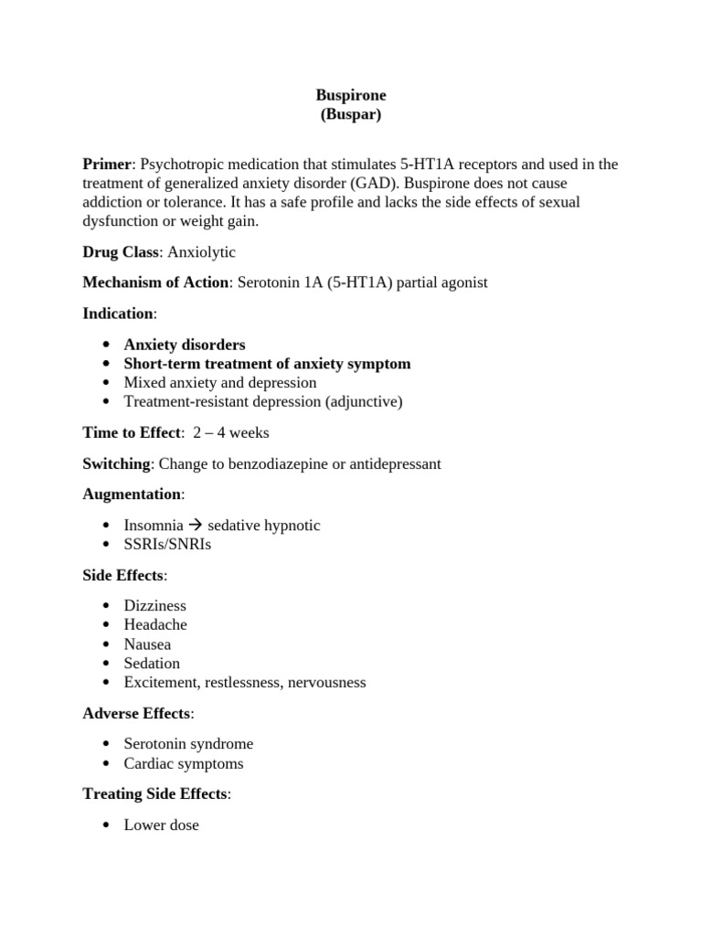 Buspirone: Dosing and Effects on Anxiety | PDF