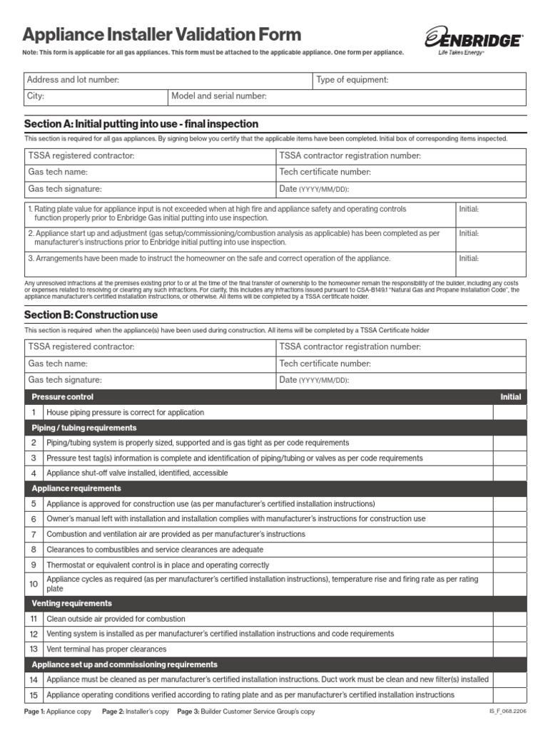 Appliance Installer Validation Form | PDF | Pipe (Fluid Conveyance ...