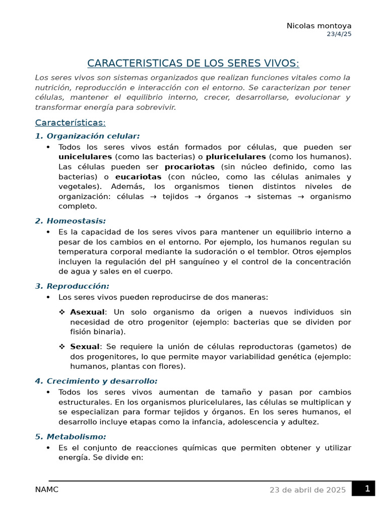 Características esenciales de los seres vivos | PDF | Organismos ...