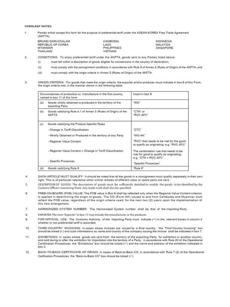 AKFTA Certificate of Origin Guidelines | PDF | International Trade