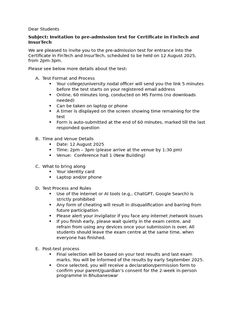 Pre-Admission Test for FinTech Certificate | PDF