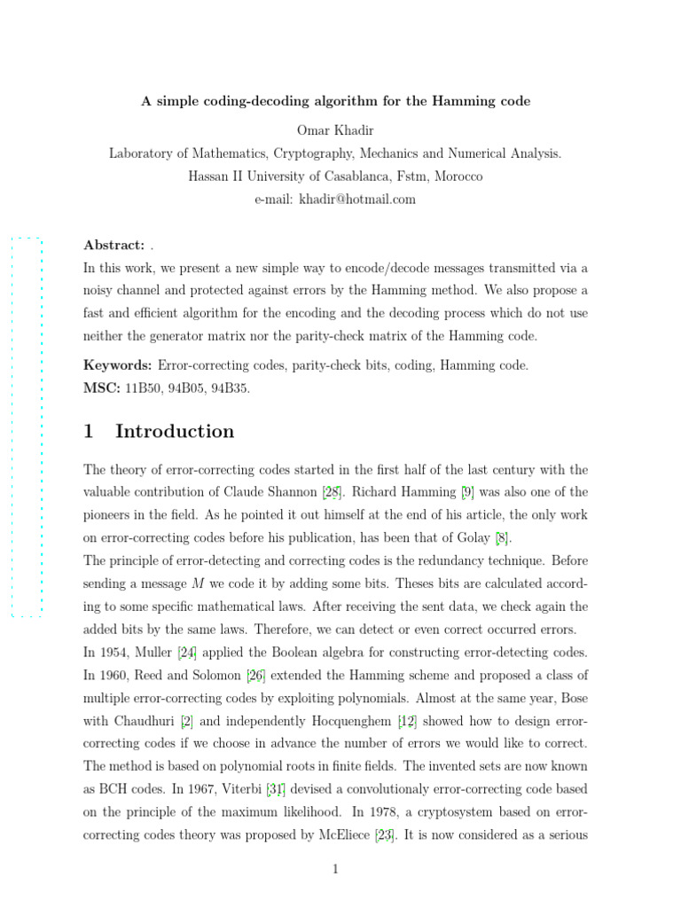Simple Hamming Code Encoding Algorithm | PDF | Code | Low Density ...