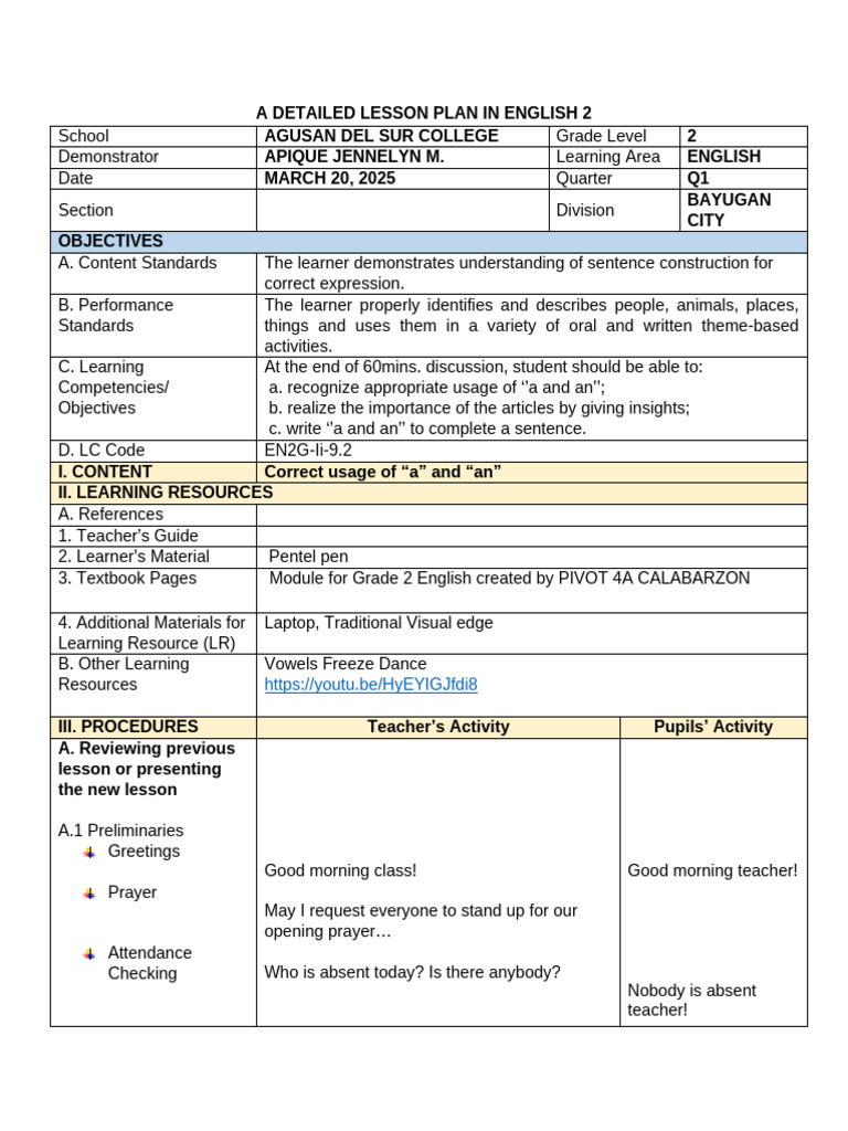 Lesson Plan: Using "A" and "AN" in English | PDF | Consonant | Learning