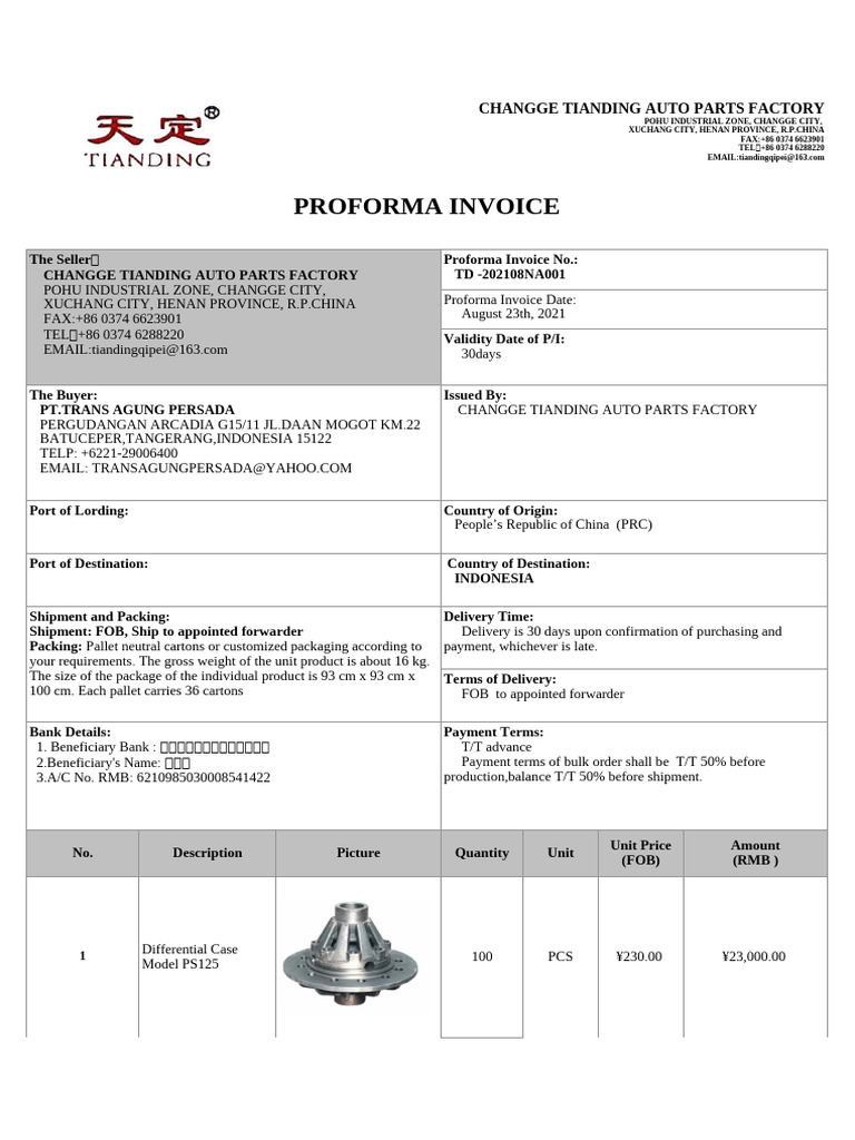 Proforma Invoice in Mandarin | PDF | Invoice | Renminbi