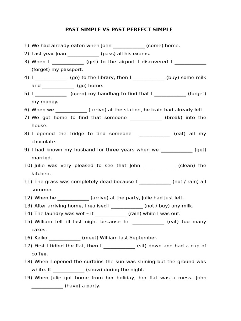 Past Simple vs Past Perfect Exercises | PDF