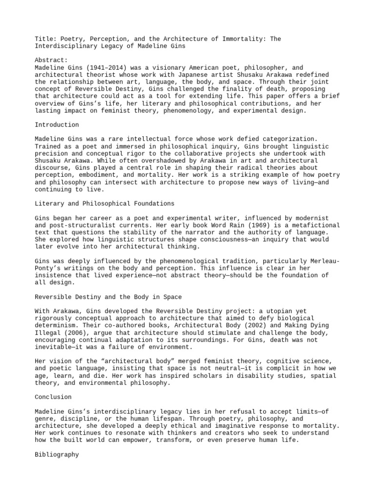 Madeline Gins: Poetry and Architecture | PDF | Liberal Arts Education
