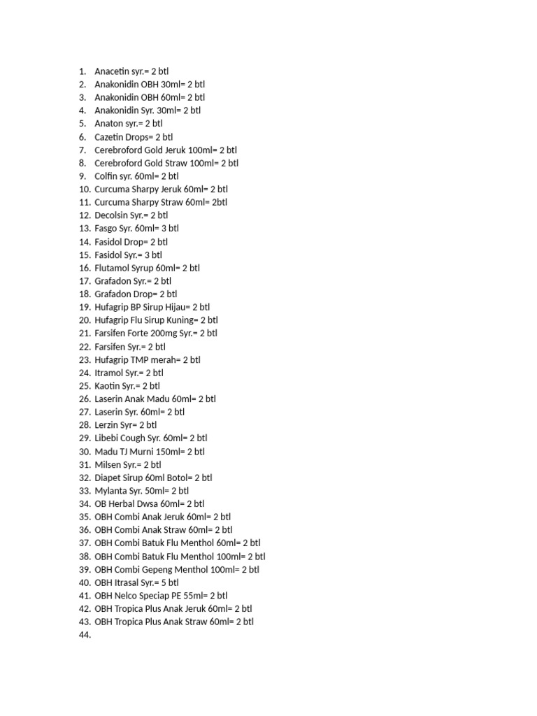 List of Syrups and Drops Inventory | PDF