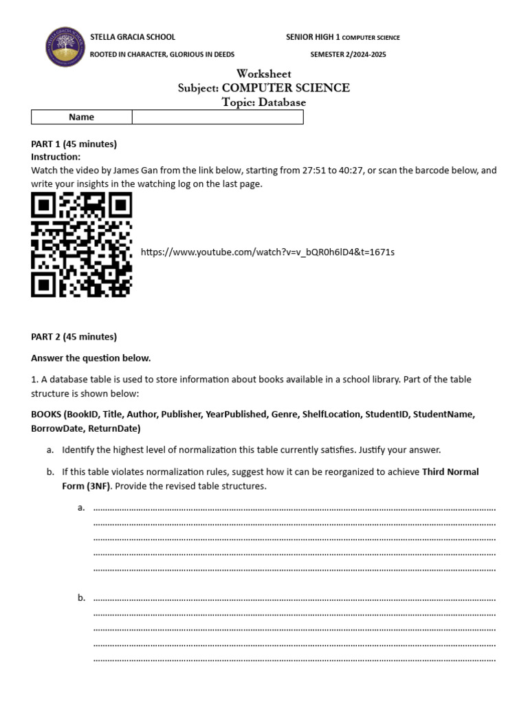 Database Worksheet for Computer Science | PDF | Sql | Computer Data