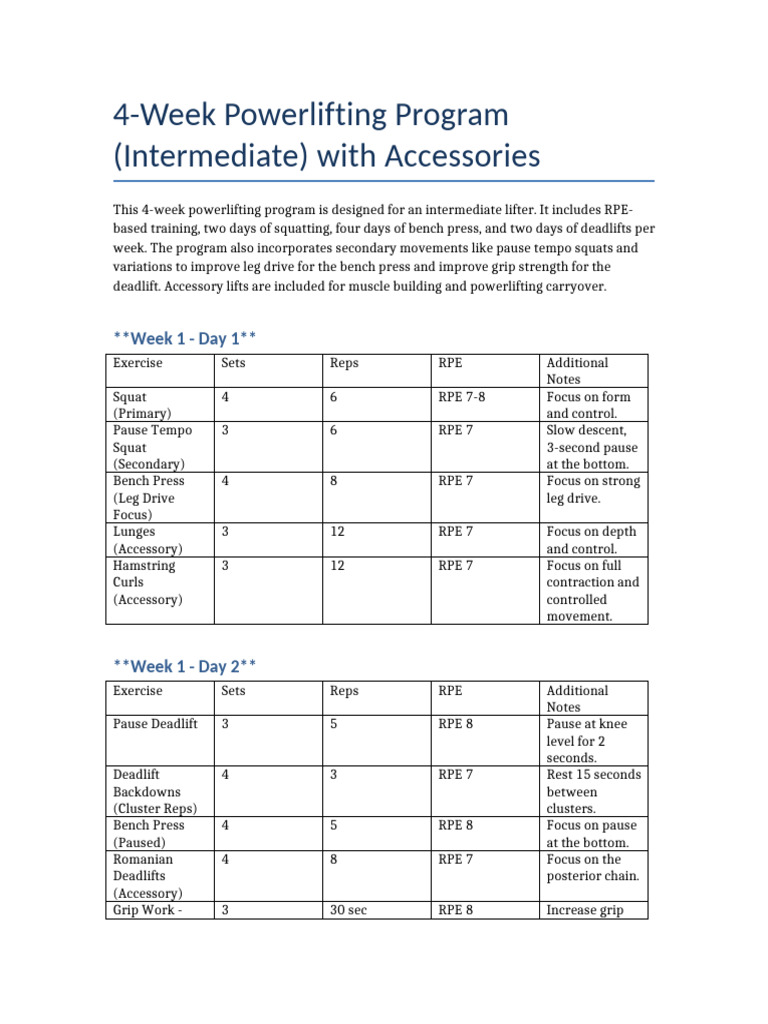 4-Week Intermediate Powerlifting Plan | PDF | Weight | Management Of ...