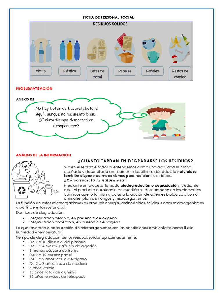 Ficha de P.S Residuo Solido Cuanto Tarda en Degradarse La Basura | PDF ...