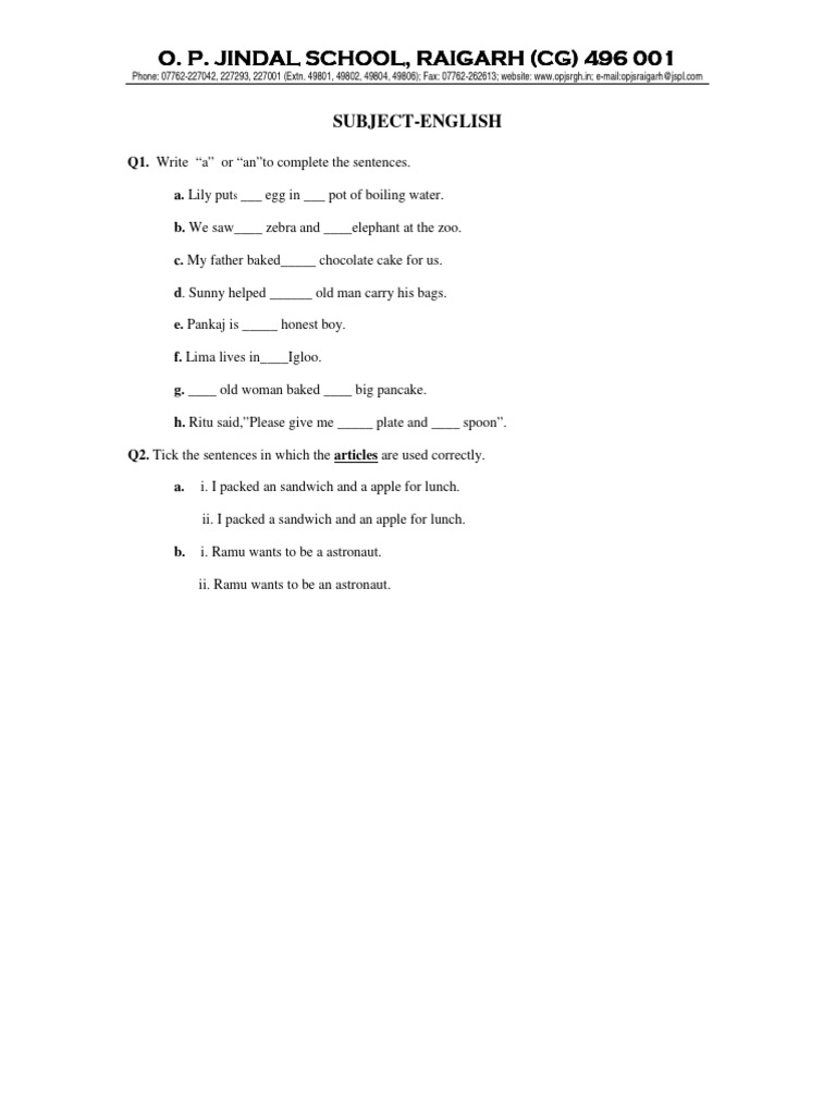 OPJSRGH English Practice Worksheet | PDF