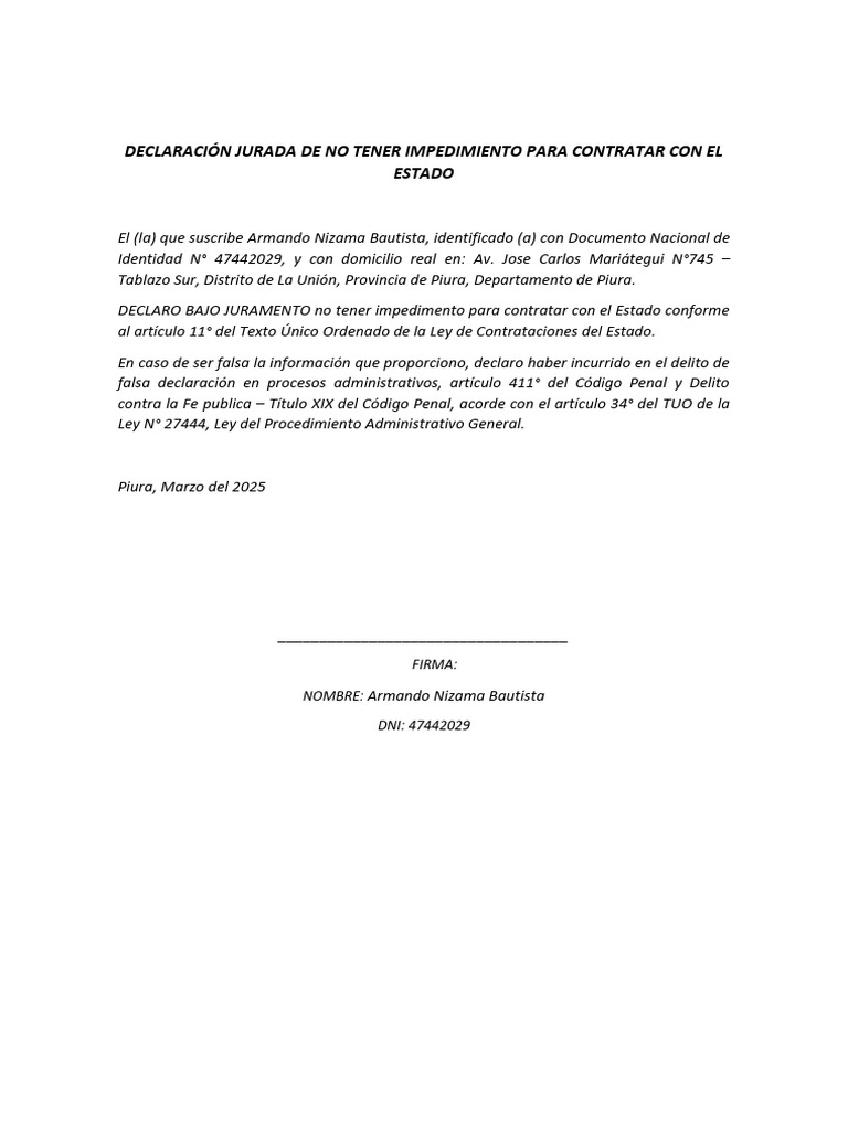 Declaración Jurada de No Tener | PDF