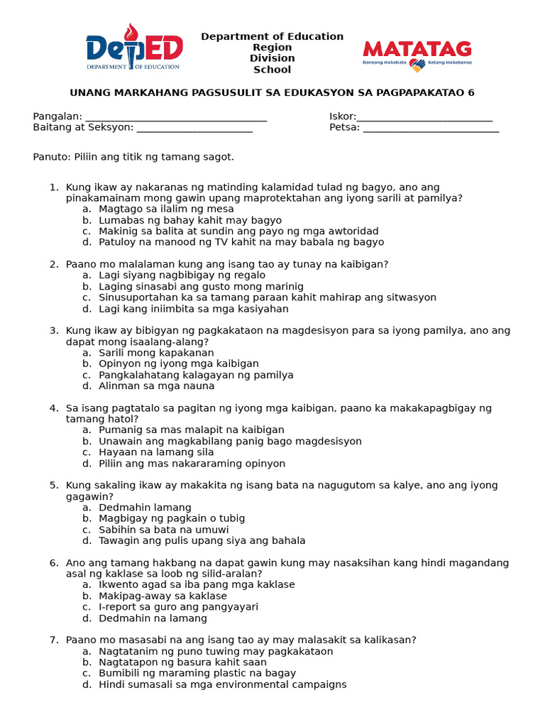 Version 1 - q1 g6 Exam Esp | PDF