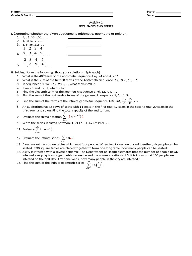 Special Activity 2 Sequences and Series | PDF | Mathematics | Chess Theory