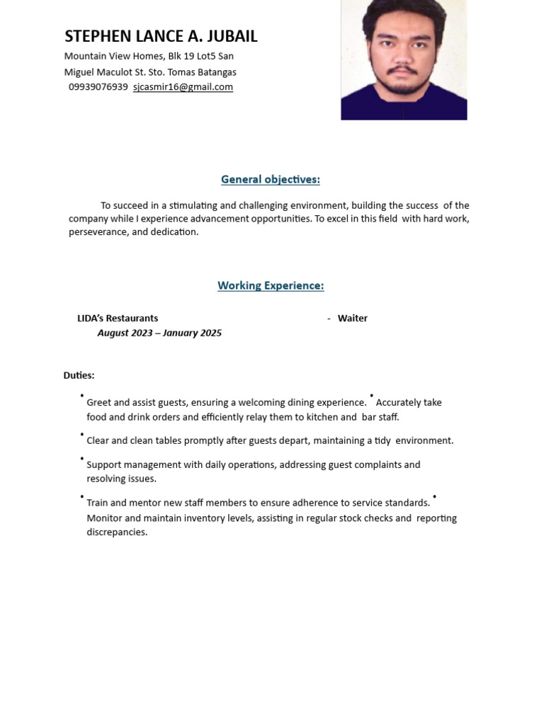 Stephen Lance A. Jubail Resume | PDF | Waiting Staff