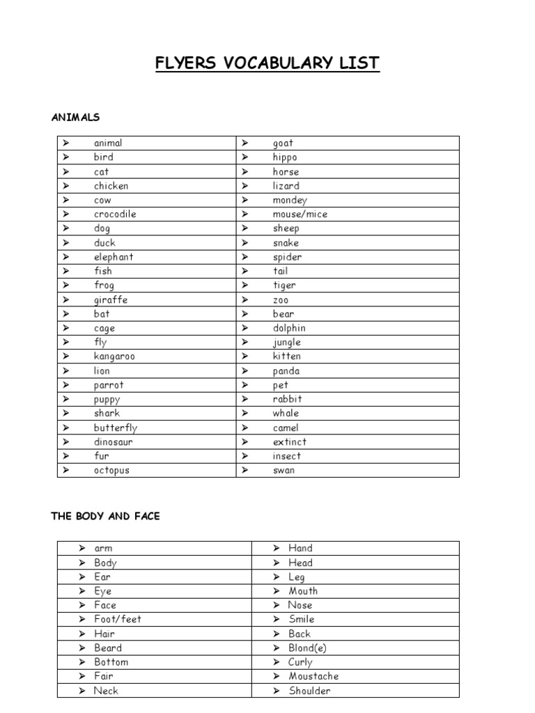 Flyers Vocabulary List PDF Leisure Beverages