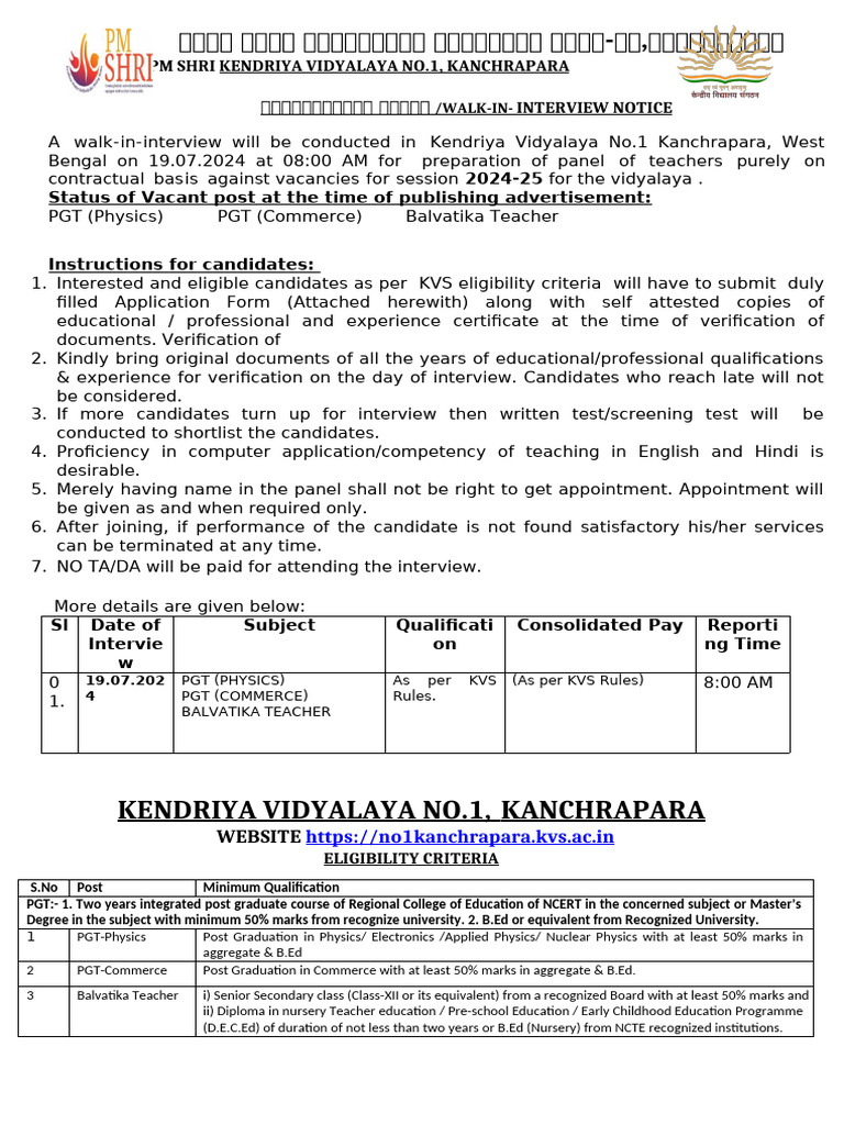 Walk-In Interview for Teachers at KVS Kanchrapara | PDF ...
