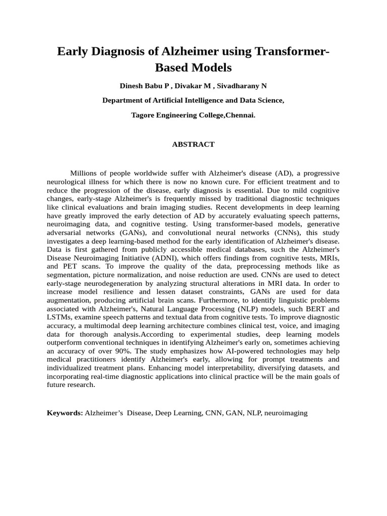 Early Alzheimer Diagnosis with AI Models | PDF | Deep Learning ...