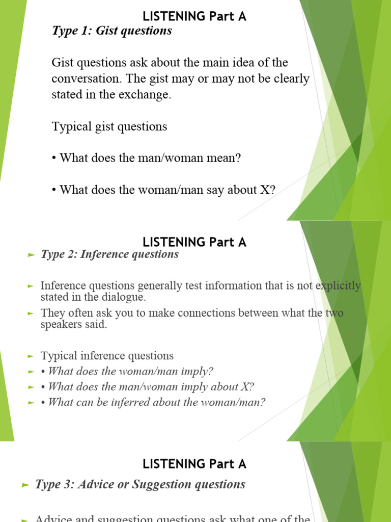 Types of Listening Questions Explained | PDF | Conversation | Linguistics