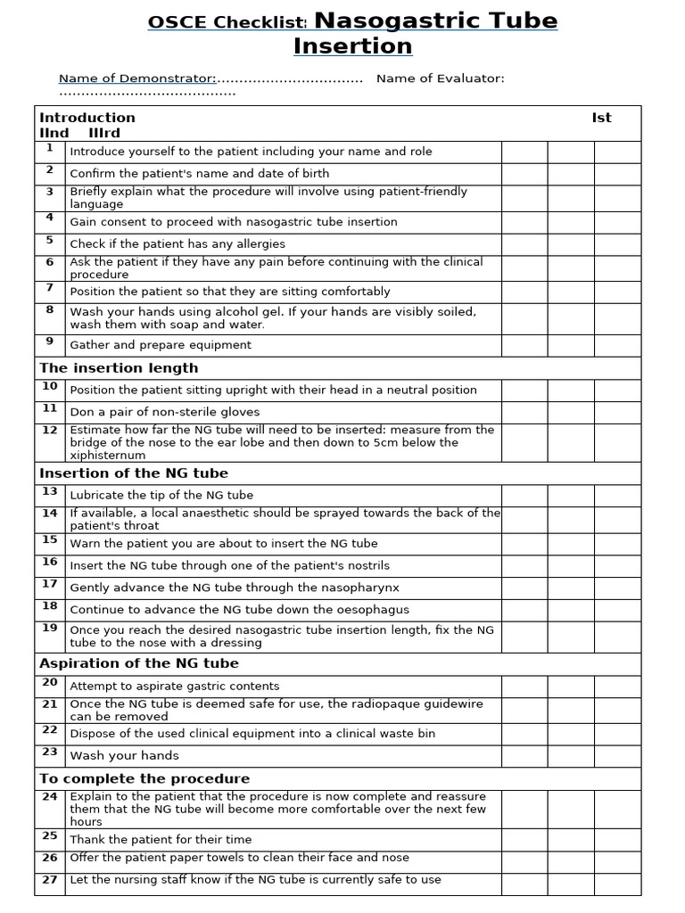 NG Tube Insertion Checklist | PDF