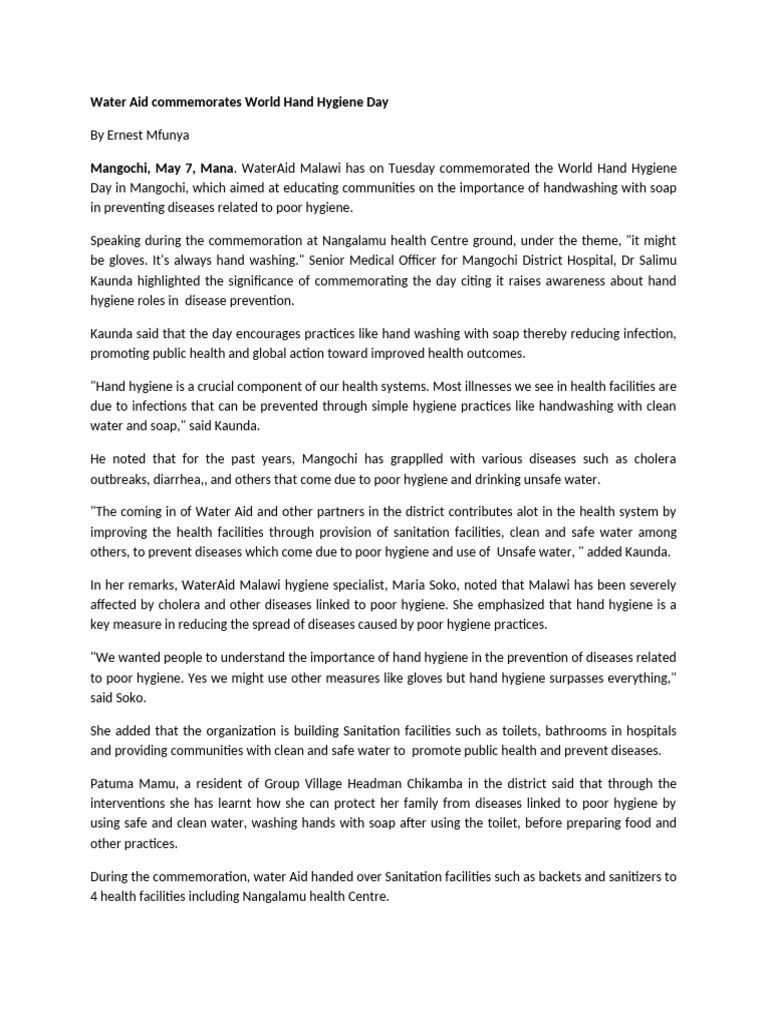 WaterAid Promotes Hand Hygiene in Malawi | PDF | Hygiene | Hand Washing