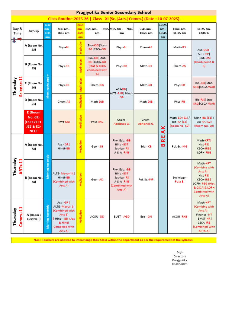 Class XI Routine 2025-26 Schedule | PDF