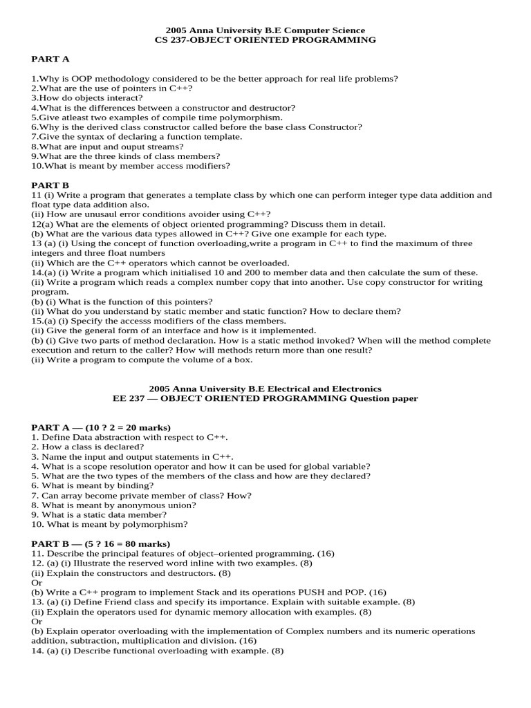 Anna University 2005 OOP Exam Questions | PDF | Method (Computer ...