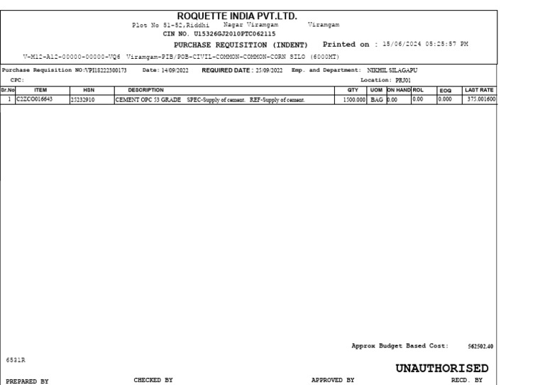 Purchase Requisition for Cement Supply | PDF