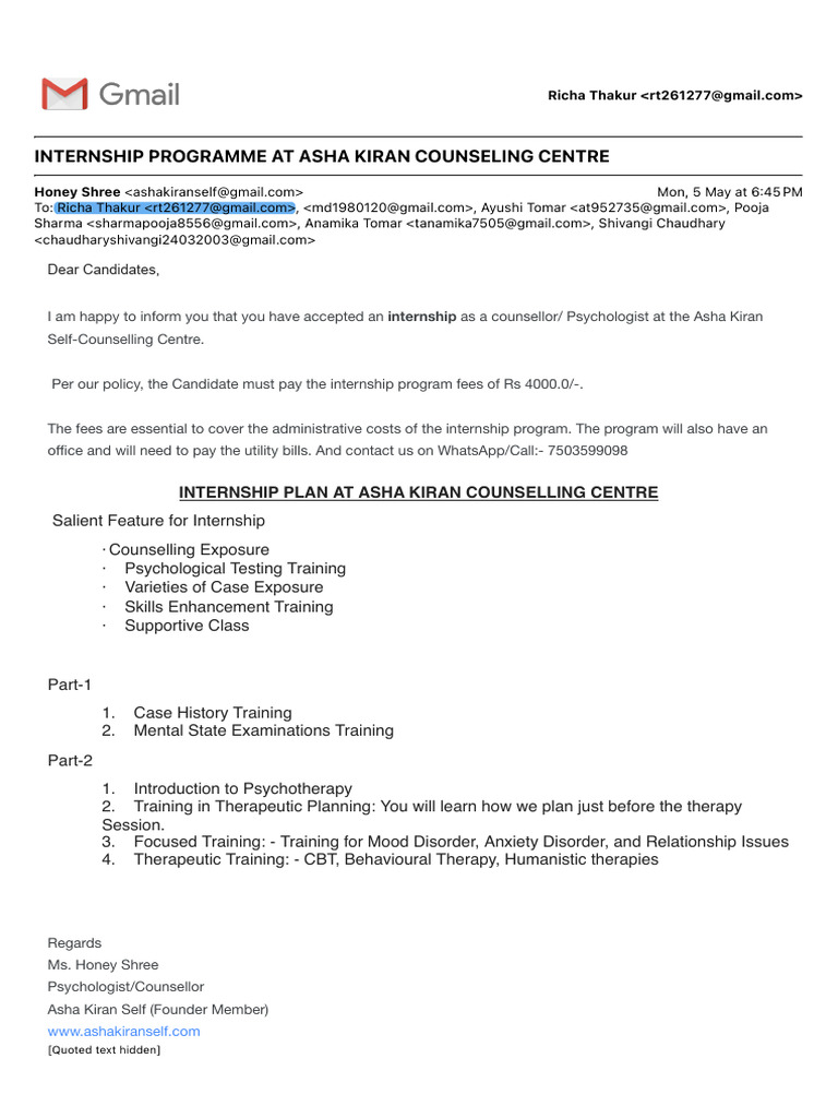 Asha Kiran Internship Program Details | PDF
