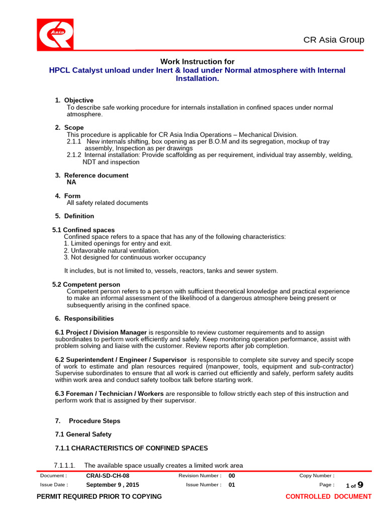 HPCL Catalyst Unloading Work Instruction | PDF | Safety | Occupational ...