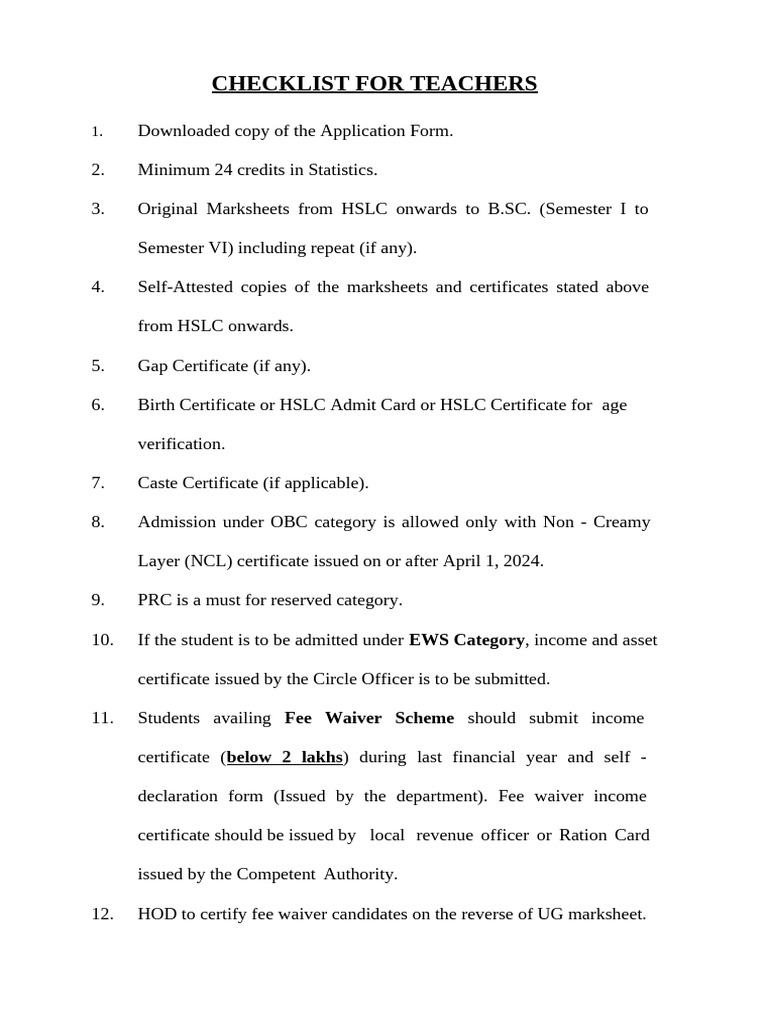 PG Admission Checklist for Statistics 2025 | PDF