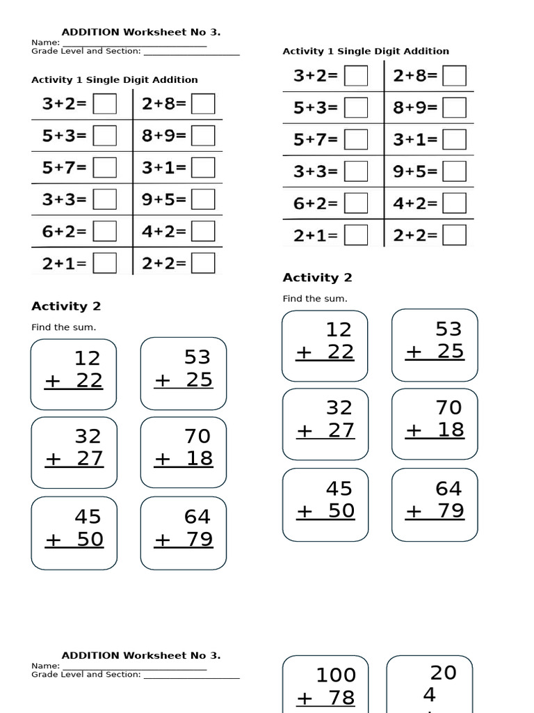 Class 1 Addition Worksheet | PDF