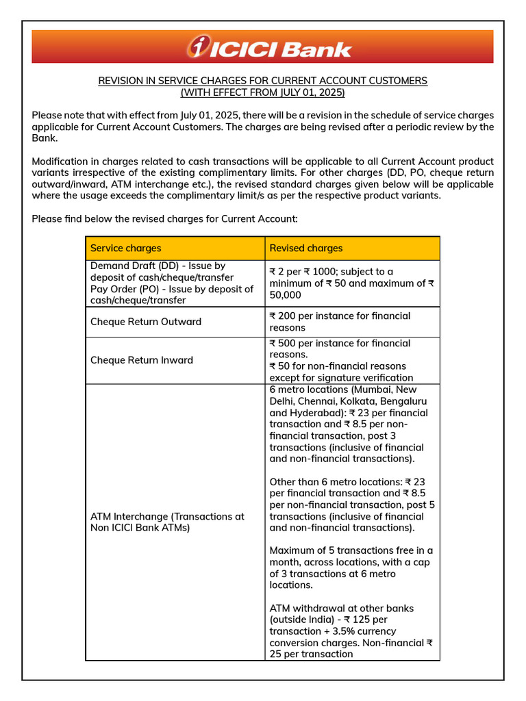 Revised Current Account Charges 2025 | PDF | Transaction Account | Cheque