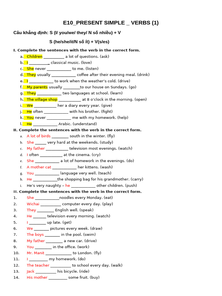 Present Simple Verb Exercises | PDF | Workweek And Weekend