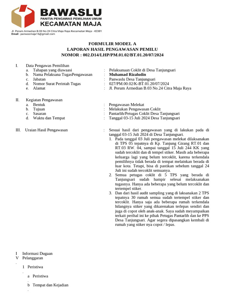 Form A Coklit 15 Juli TJ - Sari | PDF