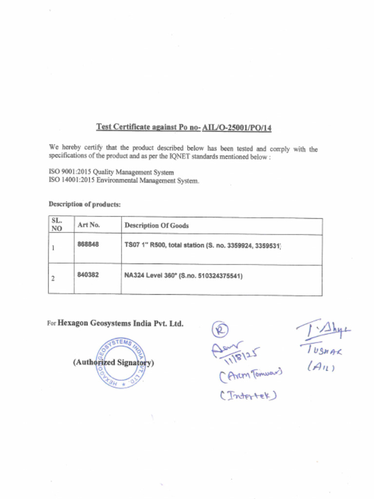 PDI-MUM & Test Certificate | PDF
