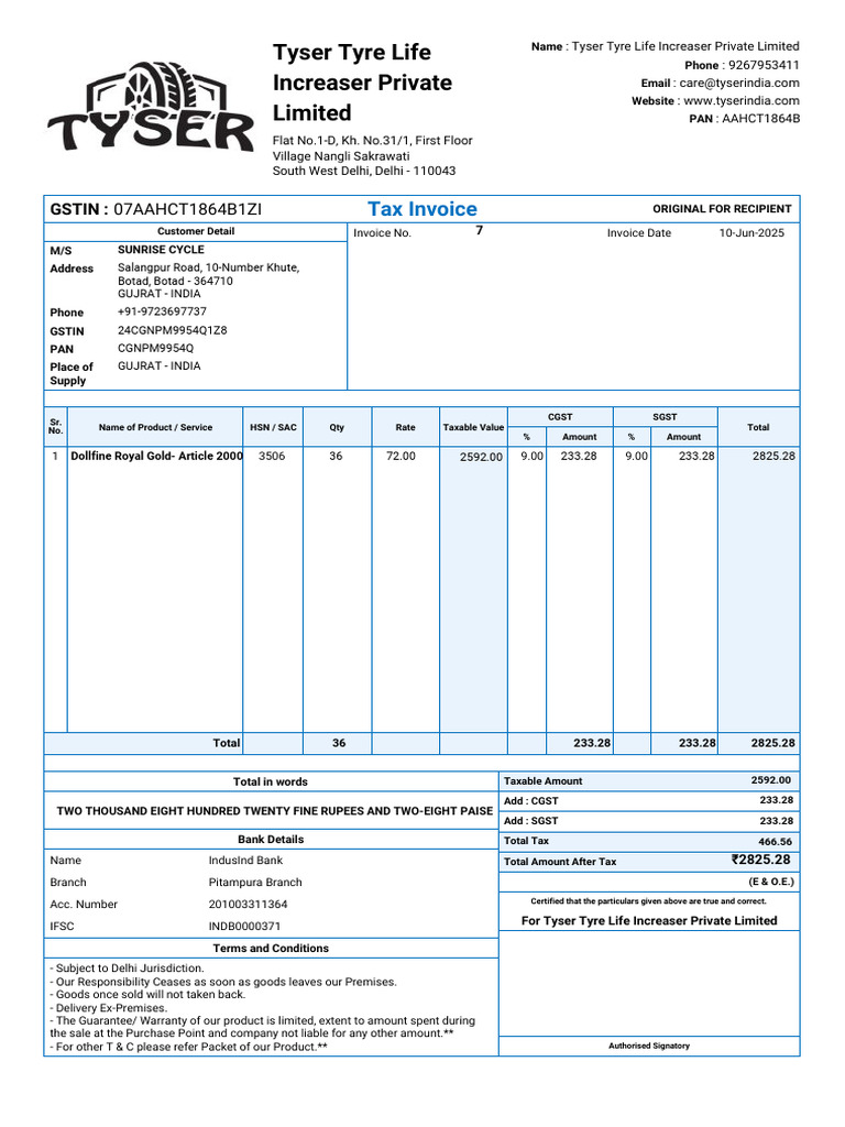 Tyser Tyre Life Increaser Invoice | PDF | Taxes | Public Finance