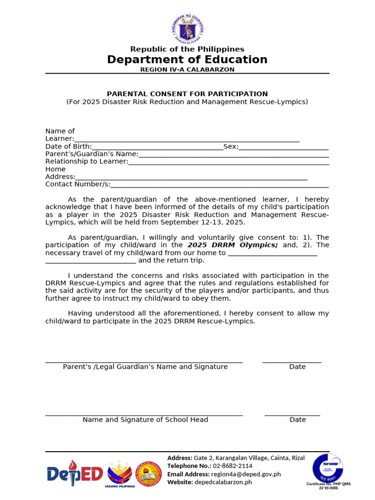Parental Consent 2025 DRRM Rescue Lympics | PDF | Family | Social ...