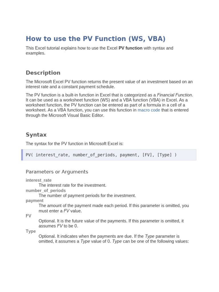 Using the PV Function in Excel | PDF | Microsoft Excel | Visual Basic ...
