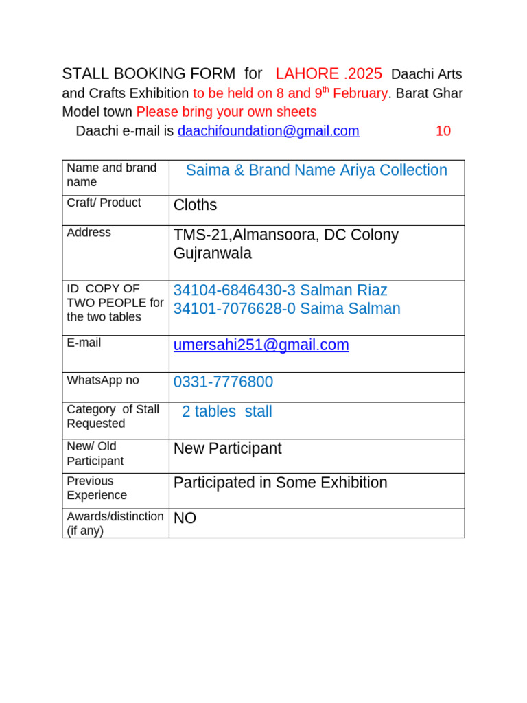 Stall Booking Form For Lahore 25 | PDF