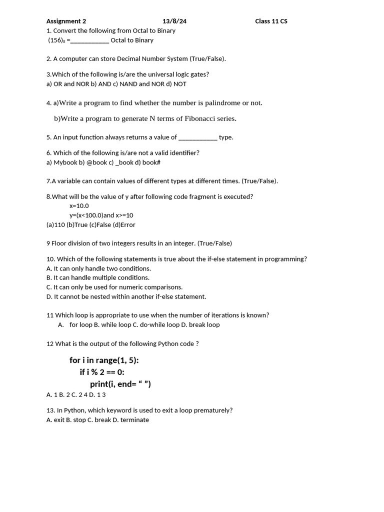 Class 11 CS Programming Assignment Guide | PDF