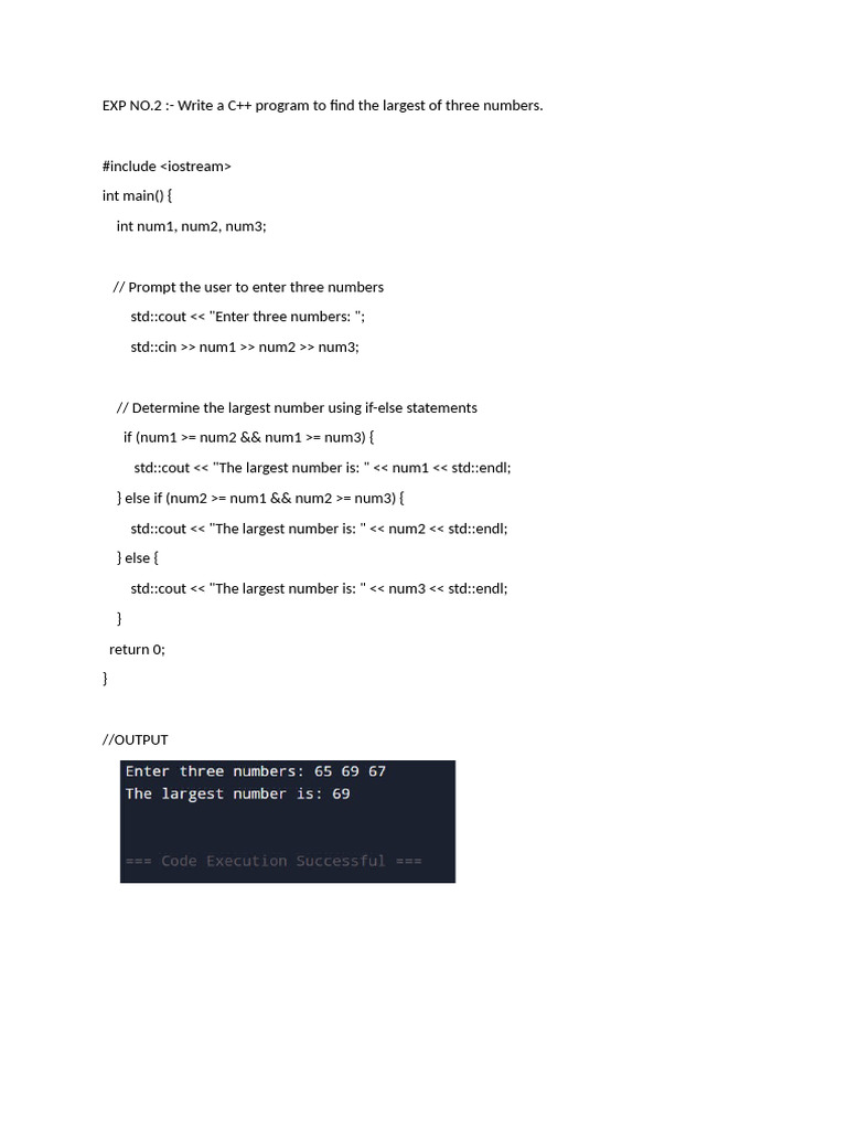 C++ Program to Find Largest of Three Numbers | PDF