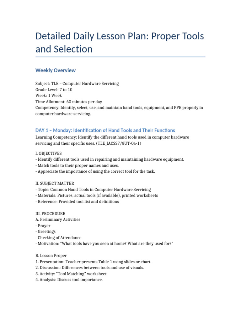 Daily Lesson Plan: Computer Tools & Safety | PDF | Personal Protective ...