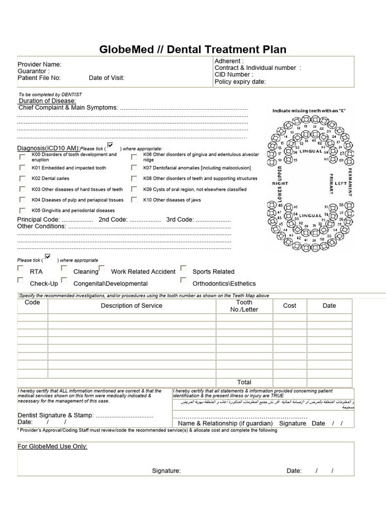 GlobeMed Dental Treatment Plan Form | PDF | Human Tooth | Dentistry