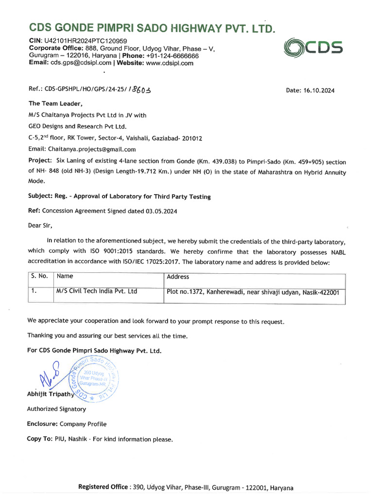 Letter No. 18603 Reg. - Approval of Laboratory For Third Party Testing ...