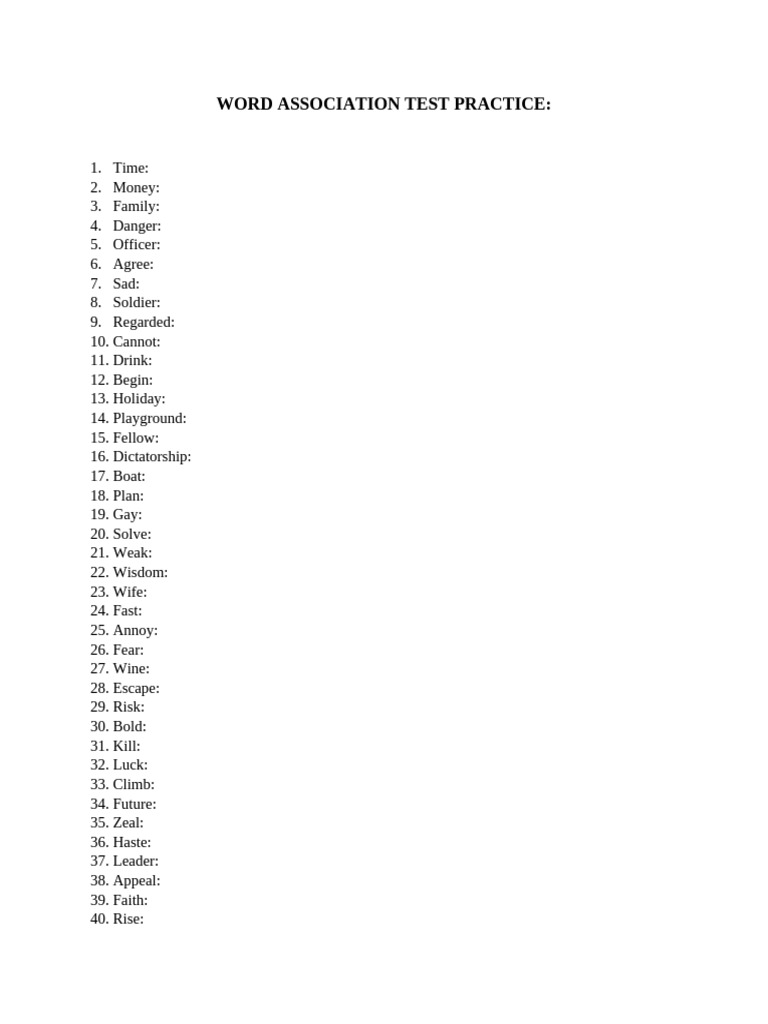 Word Association Test Practice List | PDF
