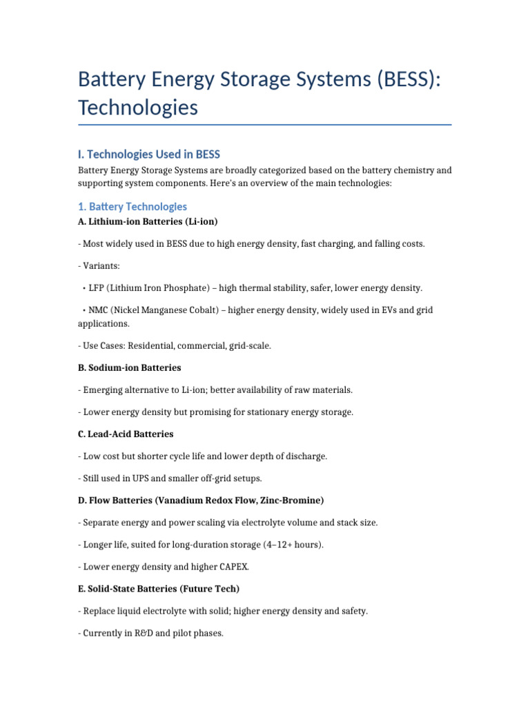 BESS Technologies Overview and Types | PDF