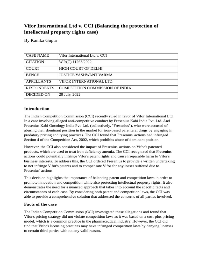 Vifor International Ltd v. CCI Case Summary | PDF | Competition Law ...